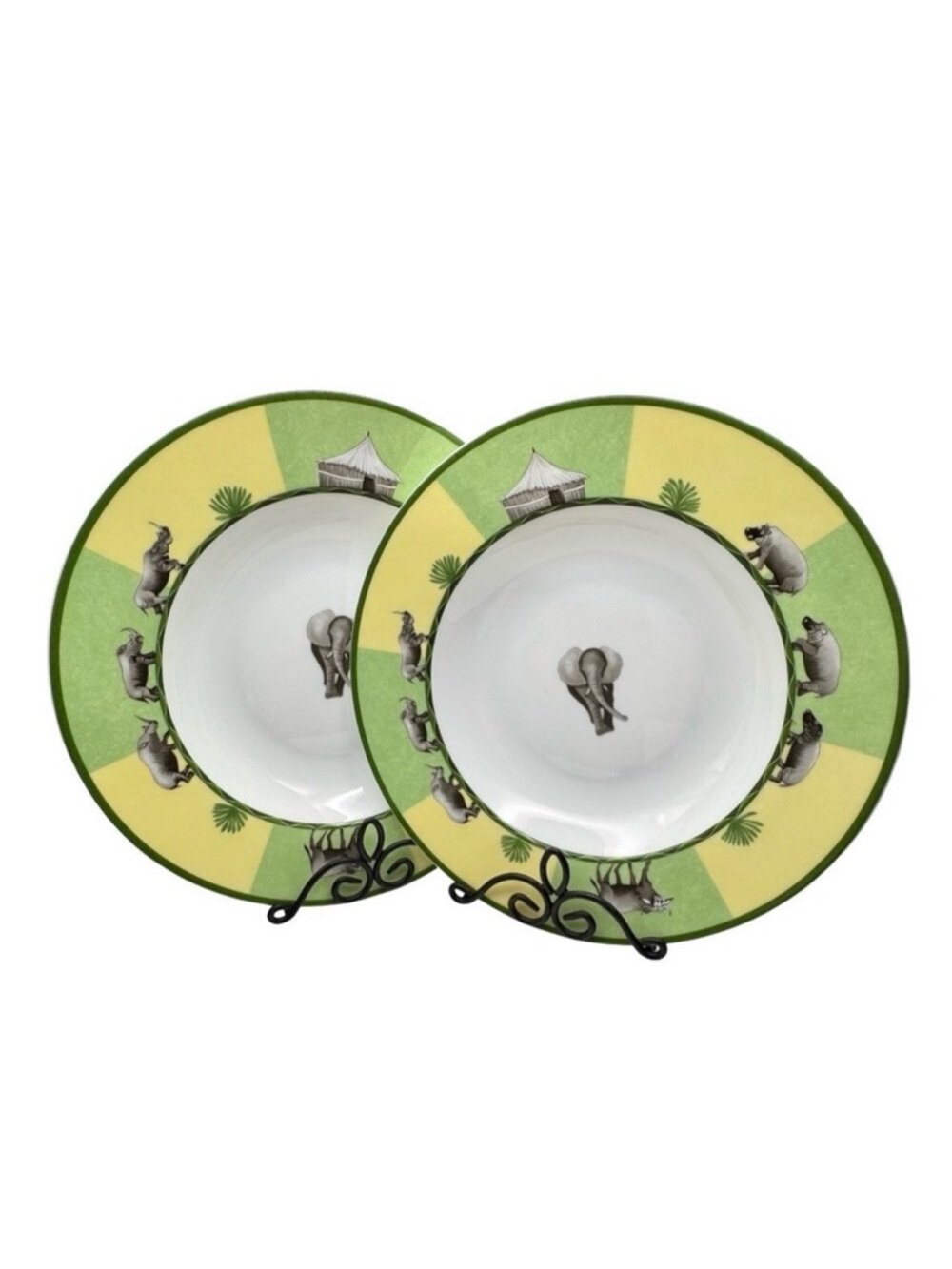 Hermes Africa Soup Plate 2 PCs 9” Green Porcelain Tableware Animal Authentic